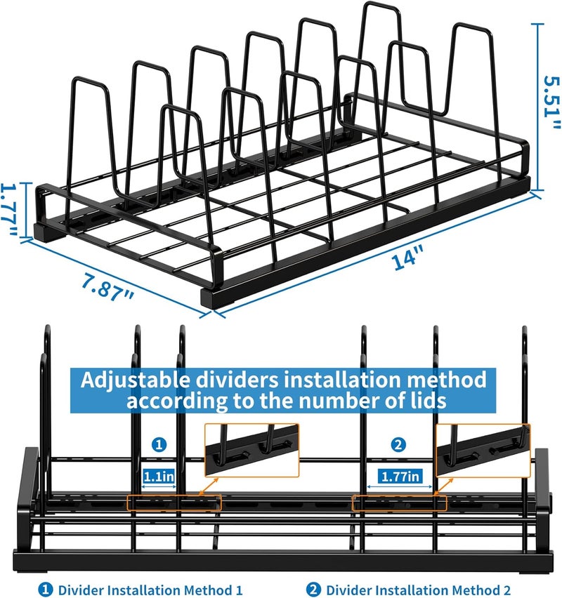 GAGUIUP Food Container Lid Organizer, Adjustable 6 Dividers Full-Metal Pot and Pan Organizer Rack for Kitchen Cabinets, Drawers, Cupboards, Pantry Shelves Storage, Black - Image 3